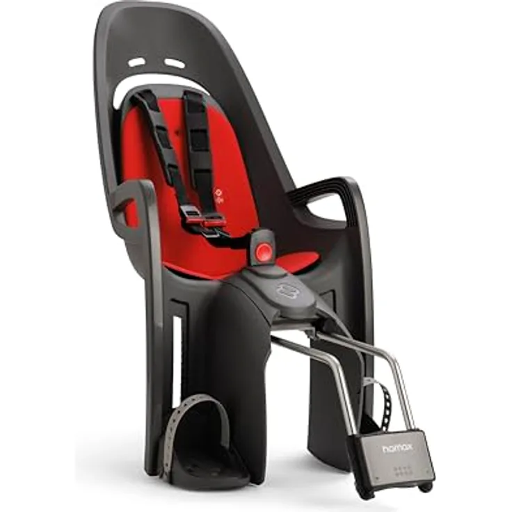 Hamax Zenith, Rahmenmontierter Fahrradkindersitz in Grau mit roter Polsterung, Verstellbarer 3-Punkt-Gurt, Stoßdämpfung, für Kinder ab 9 Monaten, max. 22 kg
