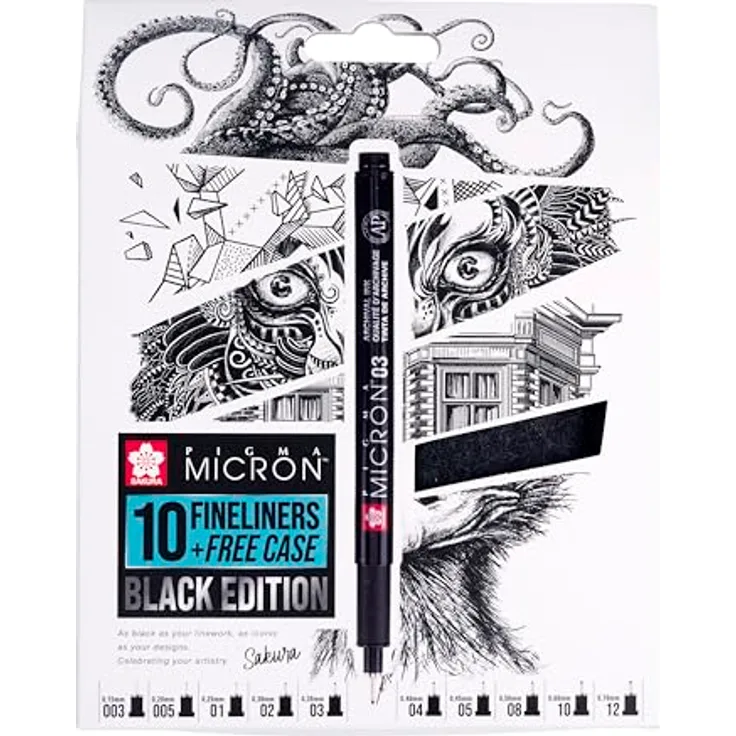 Sakura Pigma Micron, Fineliner Set mit 10 wasserfesten Schreibstiften in Schwarz, ideal für technische und künstlerische Zeichnungen