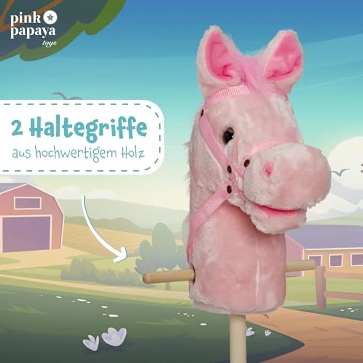 Pink Papaya Steckenpferd Sparkles, süßes Stoffspielzeug mit Soundfunktion – Gewieher und Galoppgeräusch, 65 cm mit Haltegriffen und Holzlaufrollen – Bild 2