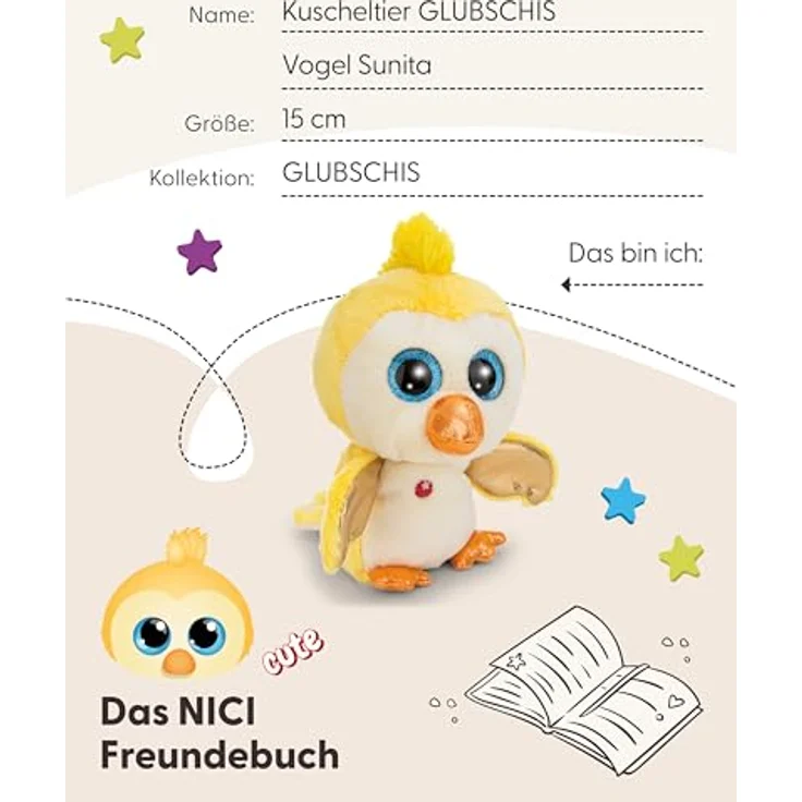 NICI Kuscheltier GLUBSCHIS Vogel Sunita, gelbes Stofftier aus weichem Plüsch, 15cm, mit blauen Glitzeraugen und goldglänzenden Flügeln, ideal zum Kuscheln und Spielen, tolle Geschenkidee – Bild 5