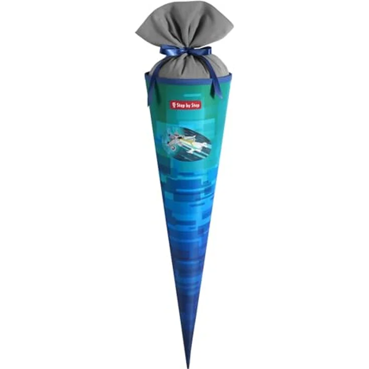 Step by Step Schultüte „Space Craft Spike“, blau-grün, aus recycelten PET-Flaschen, 5 l Füllvolumen, 70 cm Höhe, Stoffverschluss – Bild 1