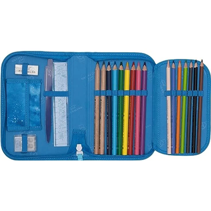 Beckmann Schulranzen Classic, 6tlg. Set mit Sportrucksack, Federmäppchen, Schlamperrolle und Buttons, blau – Bild 9