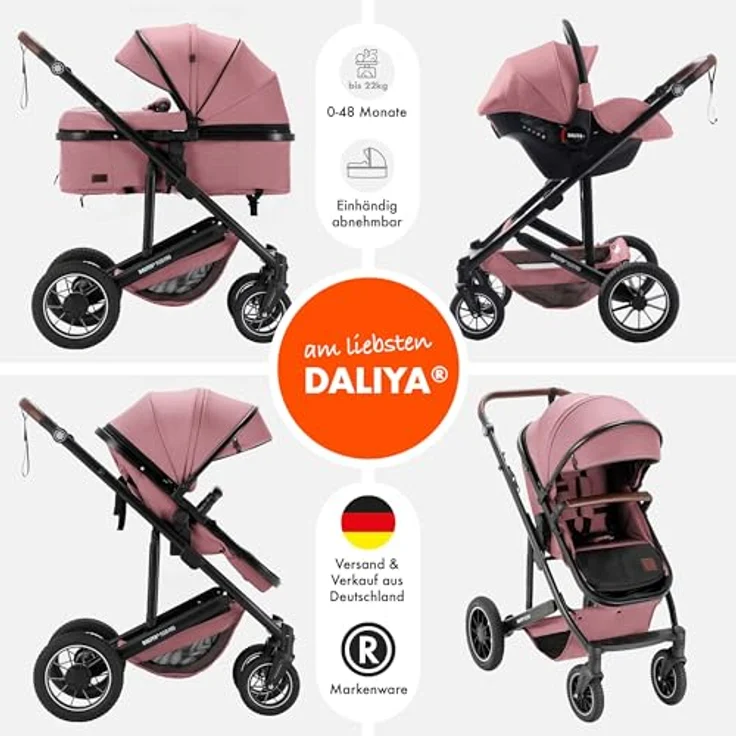 Daliya® FLEXI-PRO M 3in1 Kombikinderwagen, Buggy mit i-Size Babyschale, einhändig abnehmbare Babywanne, Memory-Knöpfe, leichter Rahmen, großer Einkaufskorb – Bild 2