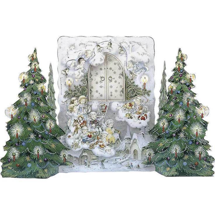 Korsch Adventskalender zum Aufstellen "Vor dem Himmelstor", dreidimensionales Faltmotiv mit seitlich ausklappbaren Weihnachtsbäumen und edlem Silberglimmer