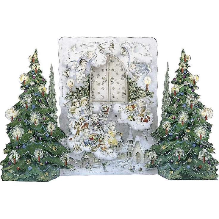 Korsch Adventskalender zum Aufstellen "Vor dem Himmelstor", dreidimensionales Faltmotiv mit seitlich ausklappbaren Weihnachtsbäumen und edlem Silberglimmer – Bild 1