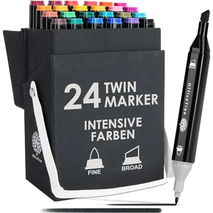 OfficeTree 24 Alkohol Marker - Intensive Farben - Twin Marker Set zum Zeichnen und Malen - Touch Marker Stifte auch als Manga Stifte – Bild 1