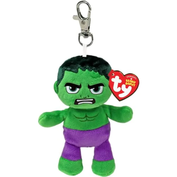TY Ty Clips – Kollektion Marvel – Schlüsselring aus Plüsch, Hulk 10 cm, Geschenkidee für Groß und Klein, authentisches Ty Herz und Namensschild, grün
