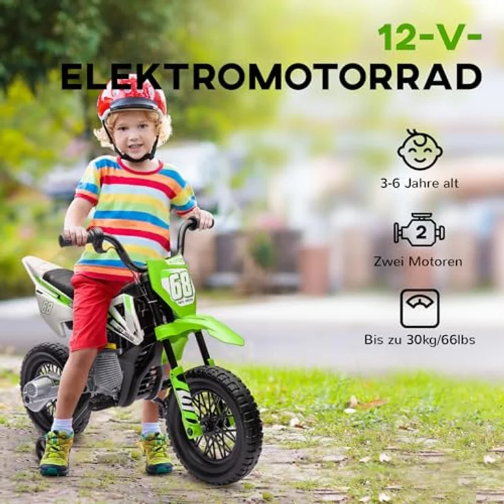 AIYAPLAY Elektro-Kindermotorrad 12V, mit Musik, abnehmbaren Trainingsrädern, 2,4-5 km/h, für Kinder von 3-6 Jahren, max. 30 kg, Grün – Bild 6