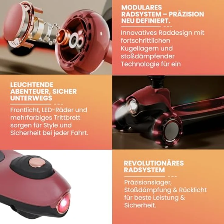 Habib Gruppe Kinderroller Tretroller 3-Rad mit LED Frontlicht und Rücklicht, faltbar, höhenverstellbar, rutschfest und pannensicher (Rot) für Kinder von 3-10 Jahren – Bild 2