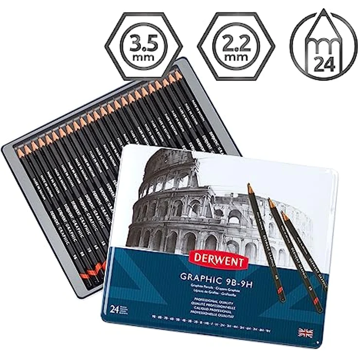 Derwent Graphik Bleistifte Set, 24 Stück in 20 Härtegraden von 9B bis 9H, hochwertiges Qualitätsmaterial – Bild 2