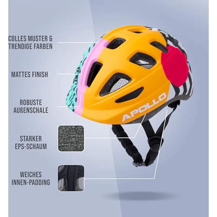 Apollo Kinder Fahrradhelm, Multisport Helm für Kinder & Jugendliche, Verstellbar ab Größe 48, Sicher & Bequem, Trendige Farben & Muster, Reflektor, für Fahrrad & Roller – Bild 3