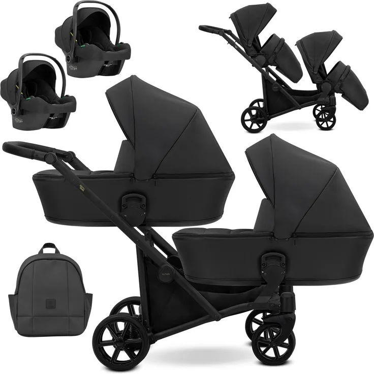 Kunert BRAV DUO 3in1 Doppelkinderwagen, Schwarz mit Gelrädern, leichter Aluminiumrahmen und 12 Konfigurationen