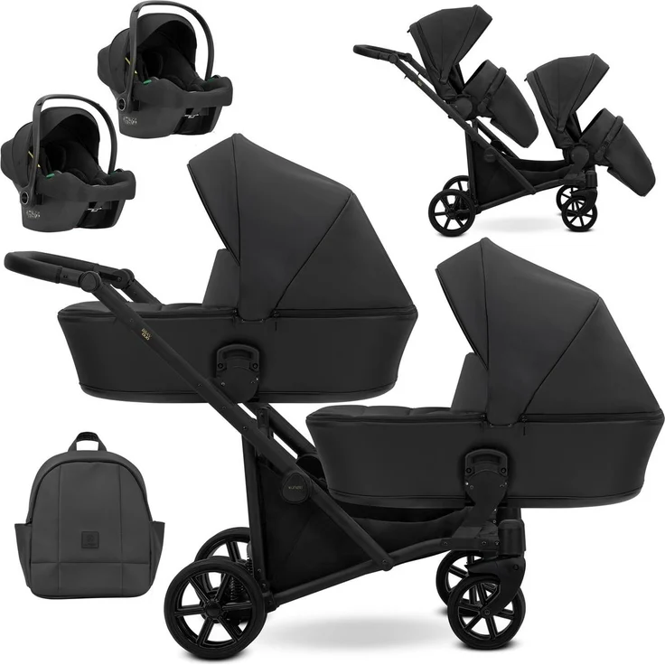 Kunert BRAV DUO 3in1 Doppelkinderwagen, Schwarz mit Gelrädern, leichter Aluminiumrahmen und 12 Konfigurationen