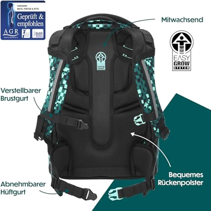 coocazoo MATE Schulrucksack, Pixel Blox, Ergonomischer Rucksack mit Easy-Grow-System, 30 l, schwarz/grün – Bild 4