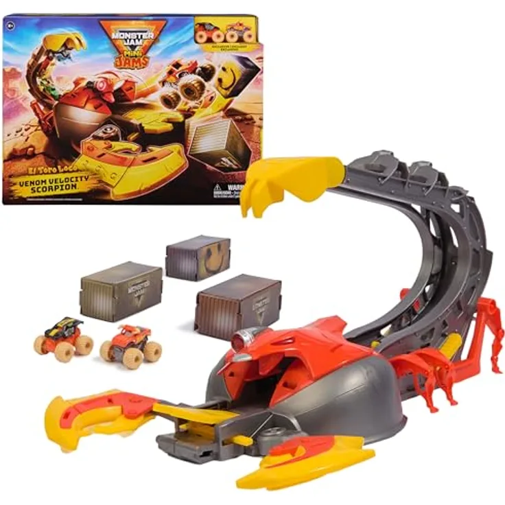 Monster Jam El Toro Loco Venom Velocity Scorpion, Spielset mit 2 Druckguss-Trucks und verstellbarer Rampe, Maßstab 1:87