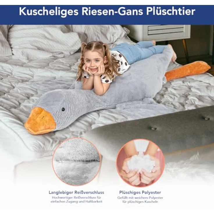 MKS Weiches Plüsch Ente Kuscheltier für Baby, Kleinkind, Kinder, Erwachsene | Riesige Gans Plüschtiere mit maschinenwaschbarem Bezug | Hypoallergener Entenkuschel 190cm – Bild 5