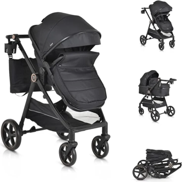 Moni Kinderwagen 2 in 1 Tokyo 22 kg umbaubar Wickeltasche Stoßdämpfer klappbar, schwarz – Bild 2