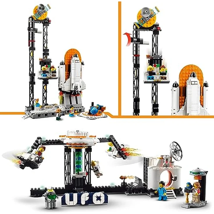 LEGO 31142 Creator 3-in-1 Weltraum-Achterbahn, Bausatz Einer Spielzeug-Kirmes mit funktionierenden Wägen, umbaubar in frei fallenden Fallturm oder Karussell mit Raketen und leuchtenden Steinen – Bild 4
