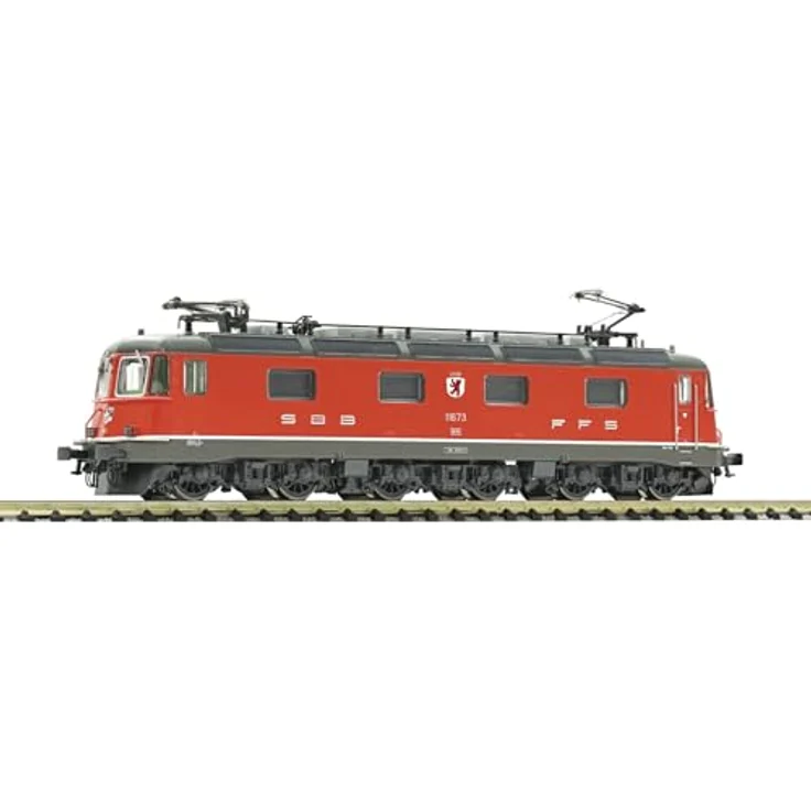 Fleischmann 734124 N E-Lok Re 6/6 11673 der SBB, Modelleisenbahn mit Wappen „Cham“, eckigen Lampen und Klimaanlage, filigranen Stromabnehmern, feinen Scheibenwischern und geschlossenen Schienenräumern, in der Farbe des Wappen „Cham“ – Bild 1