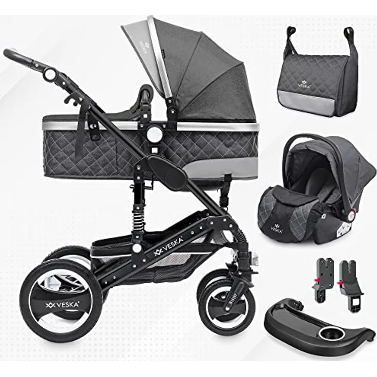 VESKA 3 in 1 Kombi-Kinderwagen Deluxe-Set inkl. Babyschale, Buggy, Jogger (Schwarz - anthrazit/anthrazit) - Preisvergleich