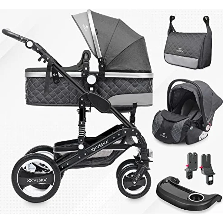 VESKA 3 in 1 Kombi-Kinderwagen Deluxe-Set inkl. Babyschale, Buggy, Jogger (Schwarz - anthrazit/anthrazit) - Preisvergleich – Bild 1