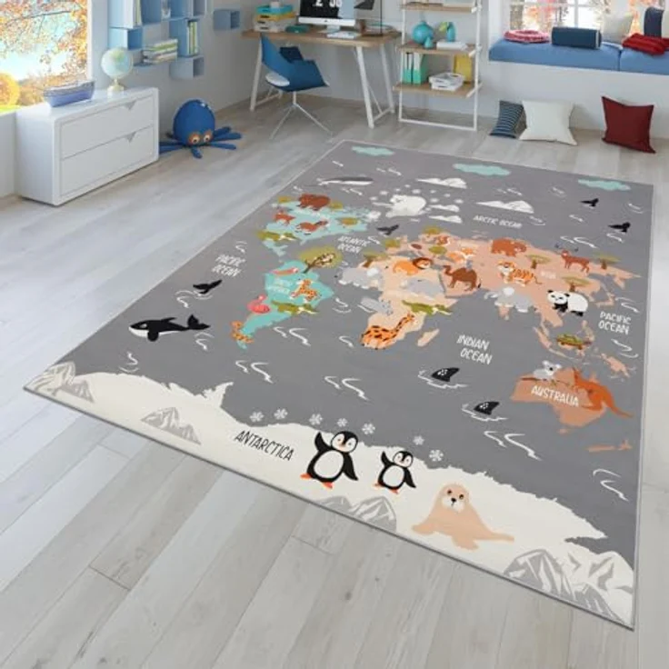 TT Home Kinderteppich, rutschfest, Tiere und Weltkarte, grau-blau-braun, 100x200 cm, 100% Polyester, maschinell gewebt – Bild 1