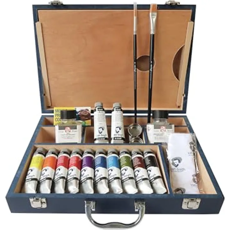 Talens Van Gogh Ölfarben-Starterbox XL, 12 x 40 ml Tuben mit Zubehör, Holzbox, inkl. Farbmischanleitung