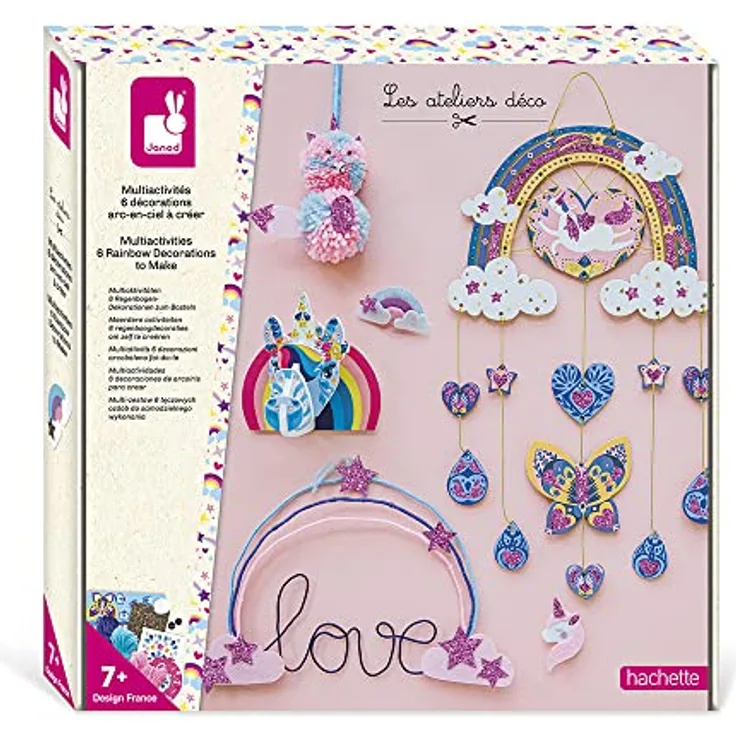 Janod - Kombi-Set für 6 Einhorn- und Regenbogen-Basteleien – Les Ateliers Déco – Kreativ-Set für Kinder – Geschicklichkeit & Konzentration – Ab 7 Jahren, J07972