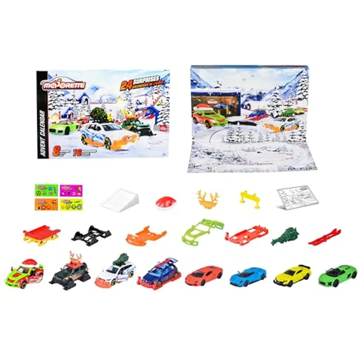Majorette Adventskalender - 24 Fenster - 8 Fahrzeuge mit 5 exklusiven Fahrzeugen - Zubehör - ab 3 Jahren - 212051026