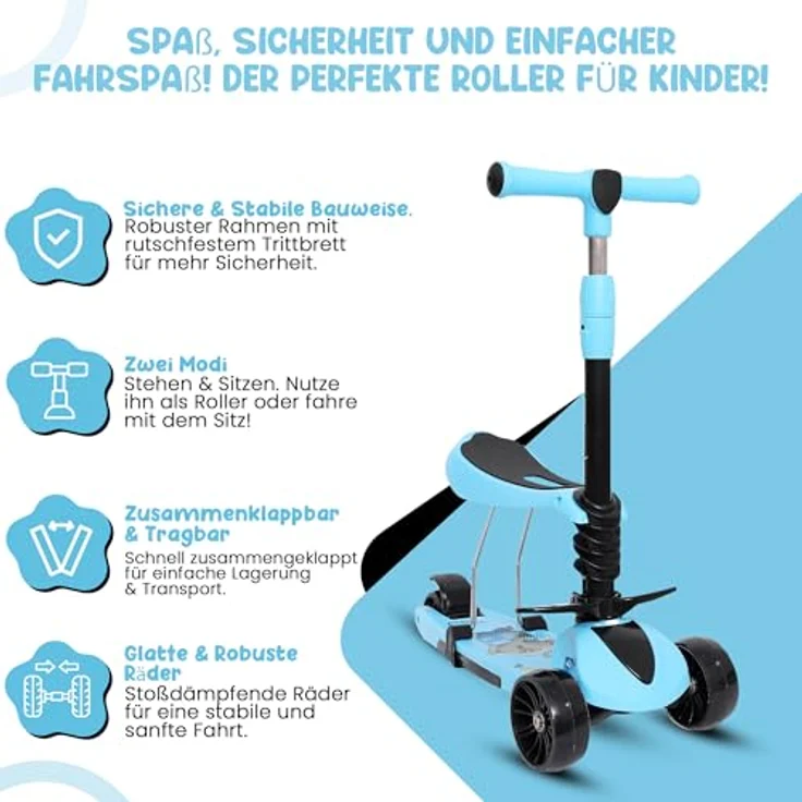 Habib Gruppe 3-in-1 Kinderroller mit Sitz, Dreirad Tretroller, Faltbar, Höhenverstellbar, mit LED Rädern, Blau, für Kinder ab 3 Jahren (bis 50kg) – Bild 5