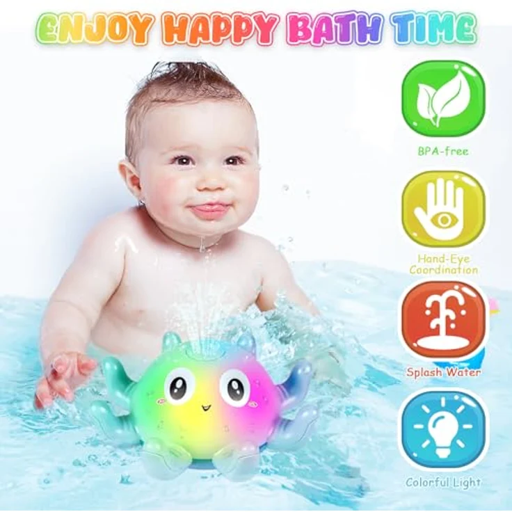 Jiosdo Oktopus Badespielzeug, Spray Wasserspielzeug mit Licht, leuchtend, aus ABS-Material, für Baby und Kinder, Blau – Bild 2