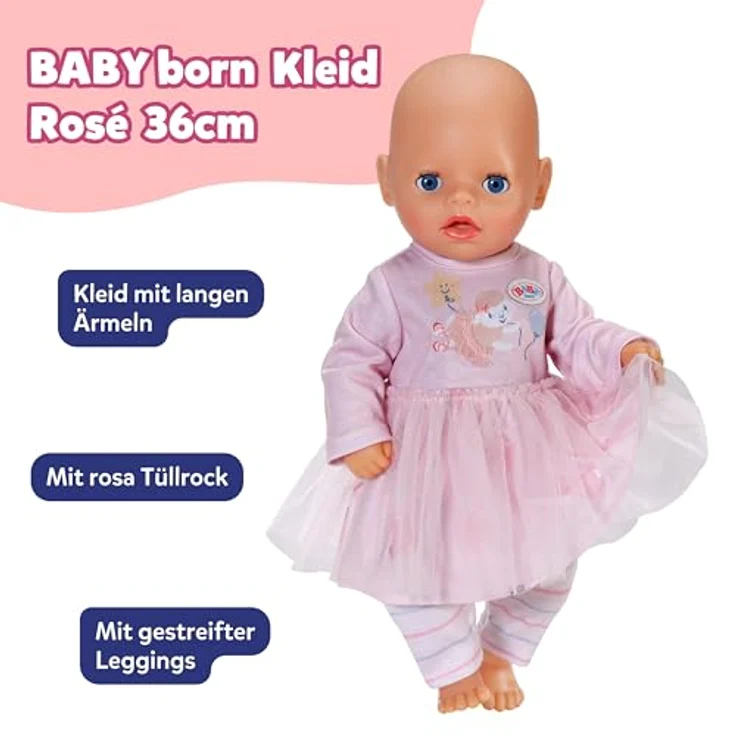 Baby Born Puppenkleidung Kleid Rosé, langärmliges Outfit mit schwingendem Tüllrock für 36 cm große Puppen – Bild 3