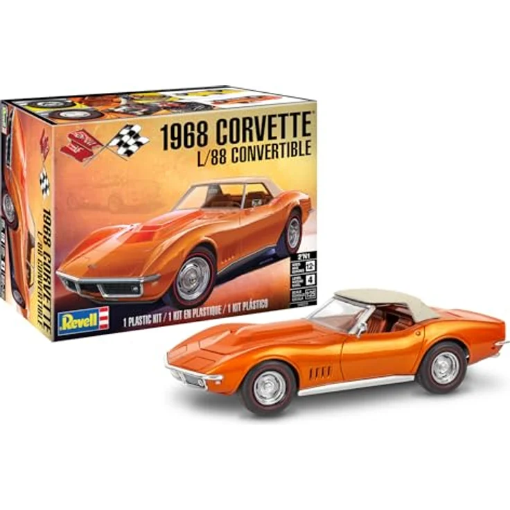 Revell Monogramm '68 Corvette L-88 Roadster 1:25, ungebauter und unlackierter Plastikmodellbausatz mit mehrsprachiger Bauanleitung – Bild 1