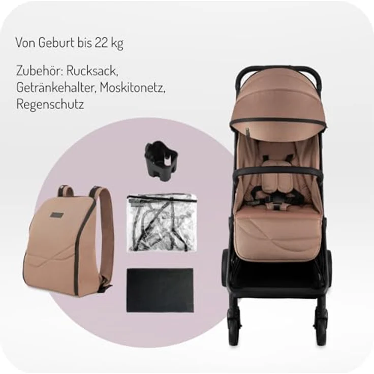 MoMi Kinderwagen ANDREA, Buggy mit automatischem Faltsystem, 5-Punkt-Sicherheitsgurt, Getränkehalter, Einkaufskorb, Zwillingsfunktion, bis 22 kg, inkl. Insekten- und Regenschutz, leicht und kompakt – Bild 2