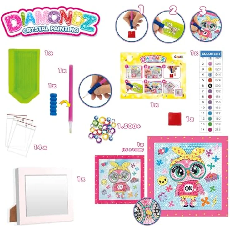 CRAZE DIAMONDZ Starter Set Fashion - Diamond Painting Kinder EULE Schablone, DIY Diamant Malerei Kinder Bastelset, 15x15cm – Bild 4
