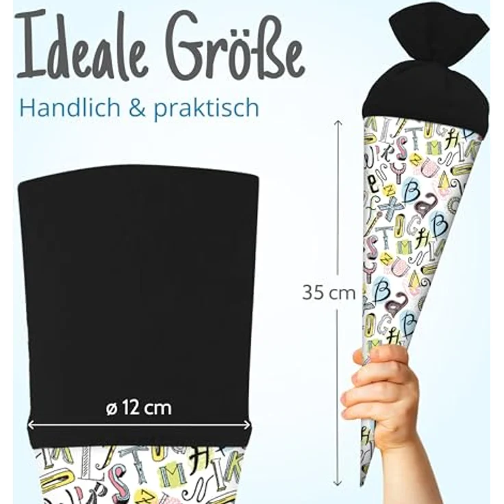 itenga Geschwisterschultüte 35cm, Geschenkverpackung für Schüler und Studenten, Motiv Buchstaben, rund mit Filzverschluss, ideal zum Schulstart und Ausbildungsbeginn – Bild 2