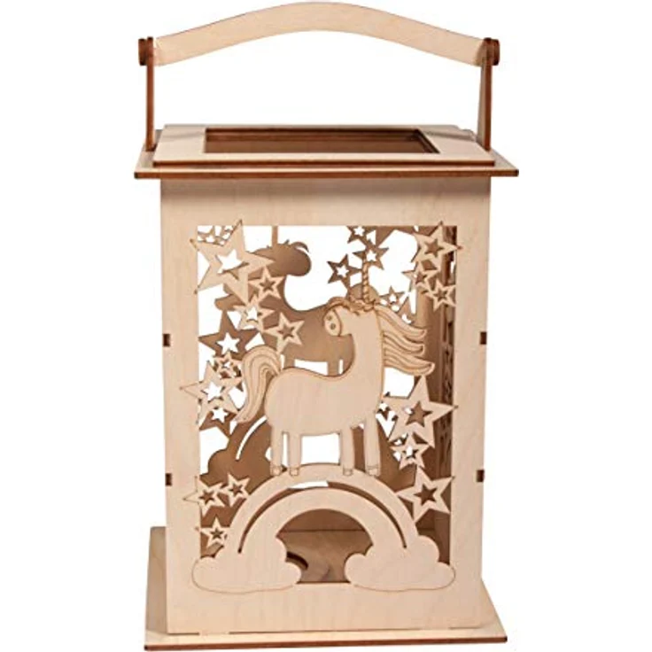 Rayher Holz Laterne Einhorn mit Griff, 15,3x15,3x26,5cm, Holzbausatz, 15-tlg.,Windlicht, für LED-Kerze, Lichterkette, FSC Mix Credit, 62892505 – Bild 2