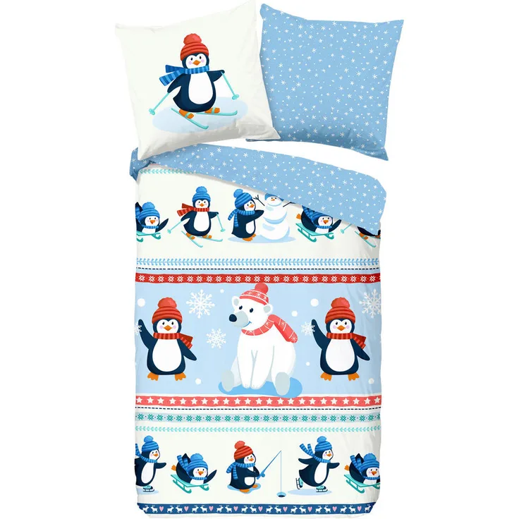 XXXL Kinderbettwäsche Penguins, Mehrfarbig, Biber, atmungsaktiv, 135x200 cm, inkl. Kissenbezug 80x80 cm, waschbar bis 40°C