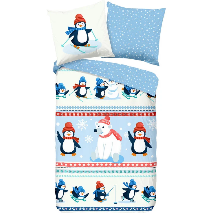 XXXL Kinderbettwäsche Penguins, Mehrfarbig, Biber, atmungsaktiv, 135x200 cm, inkl. Kissenbezug 80x80 cm, waschbar bis 40°C