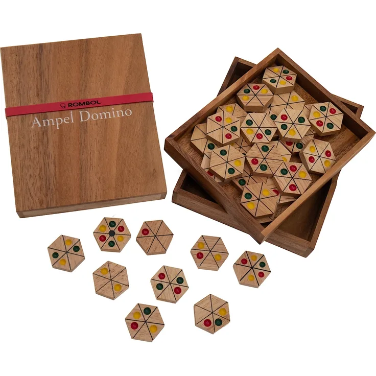 ROMBOL Ampel Domino, Legespiel mit sechseckigen Dominosteinen aus Holz, für 2 bis 4 Spieler, farbenfrohe Ampel-Design, fördert logisches Denken und strategisches Spiel