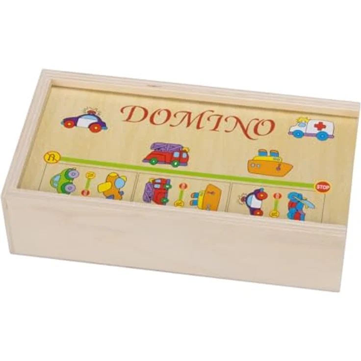 GICO Domino Spiel Fahrzeuge aus Holz, 28 stabile Steine in praktischer Holzbox für Kinder und Erwachsene, ideal für Zuhause und Reisen - 7968 – Bild 2