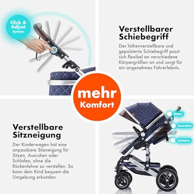 Daliya BAMBIMO 2in1 Kinderwagen & Buggy, Blau - Aluminium Gestell mit doppelter Federung, UV-Schutz 50+, pannensichere Airless Räder, faltbar, mit großem Einkaufskorb – Bild 5