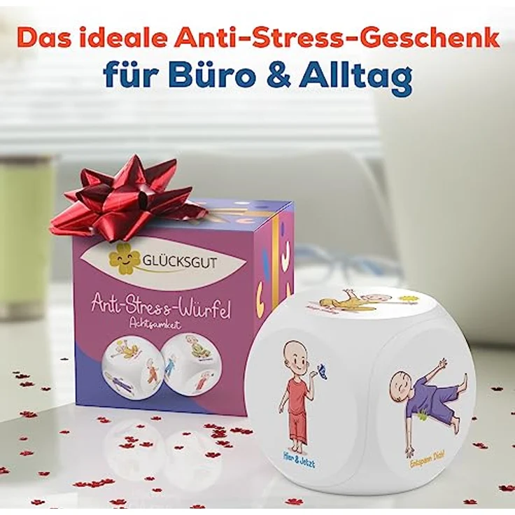 GLÜCKSGUT® Anti Stress Würfel mit 6 humorvollen Motiven, Geschenkbox und Anleitung für Achtsamkeit & Stressabbau, ideal als Büro Geschenk – Bild 2