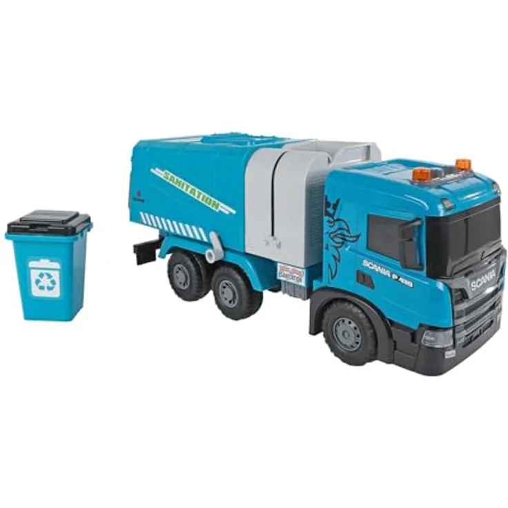 Kids Globe 2Play Scania Müllabfuhr (blau) mit Licht und Sound, Friktionsantrieb, bewegliche Klappen, 56x20x30 cm, für Kinder ab 3 Jahren
