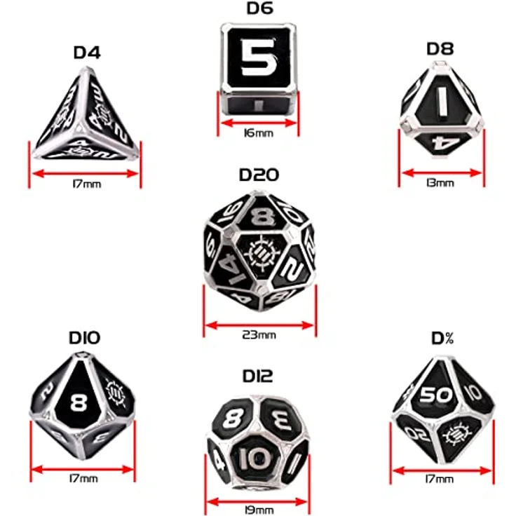 ENHANCE Würfelset aus Metall – 7 polyedrische Würfel mit 2-in-1 Würfeltasche und Würfeltablett aus veganem Leder, schwarze Sammleredition für Dungeon and Dragon RPG – Bild 2