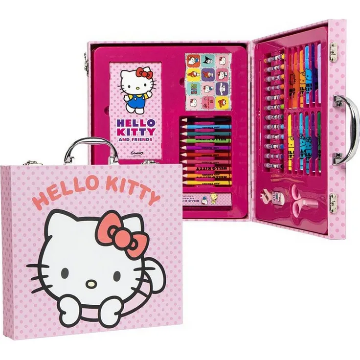 Cerda Farbkasten Hello Kitty Malset im Koffer, Kreatives Bastelset für Kinder mit zahlreichen Mal- und Bastelutensilien, transportabel