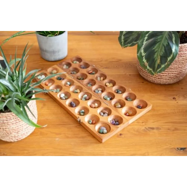 LOGOPLAY Hus Spiel Bao Kalaha für 2 Spieler, klassisches Strategiespiel aus Holz mit silbernem Metallverschluss und bunten Edelsteinen – Bild 4