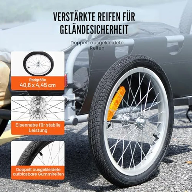 VEVOR Fahrradanhänger CT902B, 45 kg Tragkraft, faltbar, mit Universalkupplung und 41 cm Rädern, sichere Reflektoren, passend für 558,8-711,2 mm Fahrradräder – Bild 4