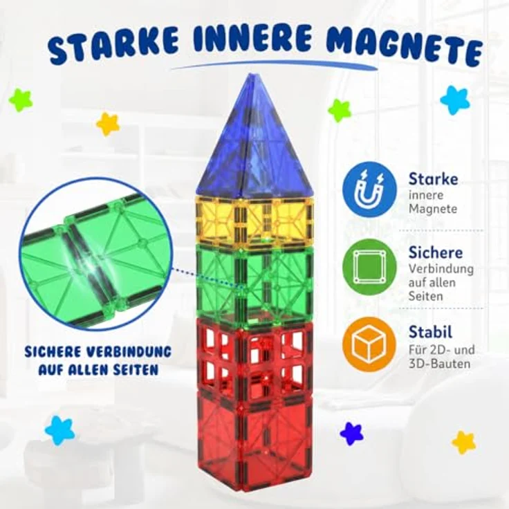 Desire Deluxe Magnetbaukästen, Lernspielzeug für Kinder ab 3 Jahren, XXL Set mit 47 Teilen, extra starke Magnetsteine, ungiftiges Material – Bild 3