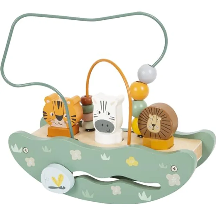 Small Foot Motorikschleife mit Wippe „Safari“, Holzspielzeug ab 12 Monaten, Tiger, Zebra und Löwe, Motorikschleifen und -würfel